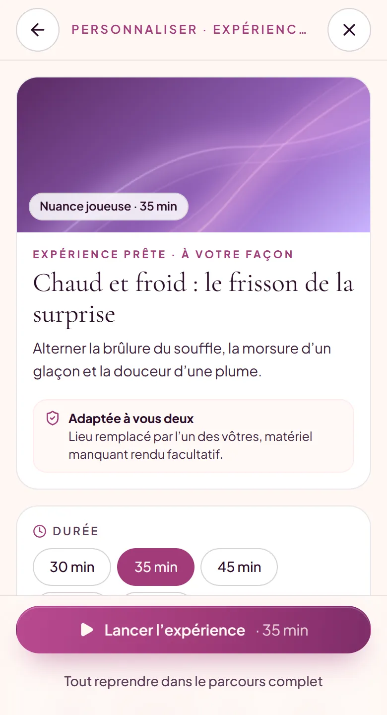 L’écran « Personnaliser » d’une expérience prête : nuance, durée, « Adaptée à vous deux » et le bouton « Lancer l’expérience ».