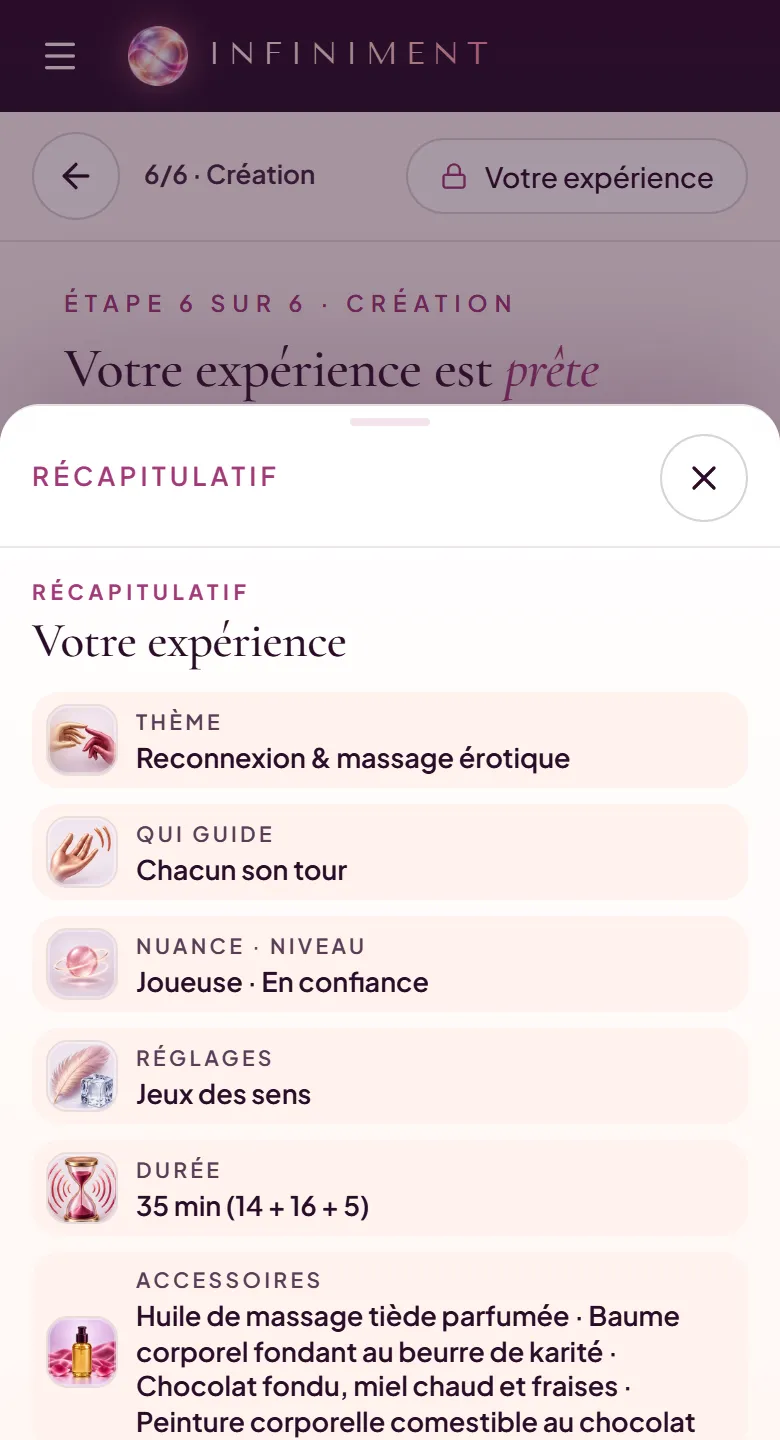 L’écran « Votre expérience est prête » : les gestes nouveaux pour le couple, chacun avec un bouton « Remplacer », et le bouton « Créer l’expérience ».