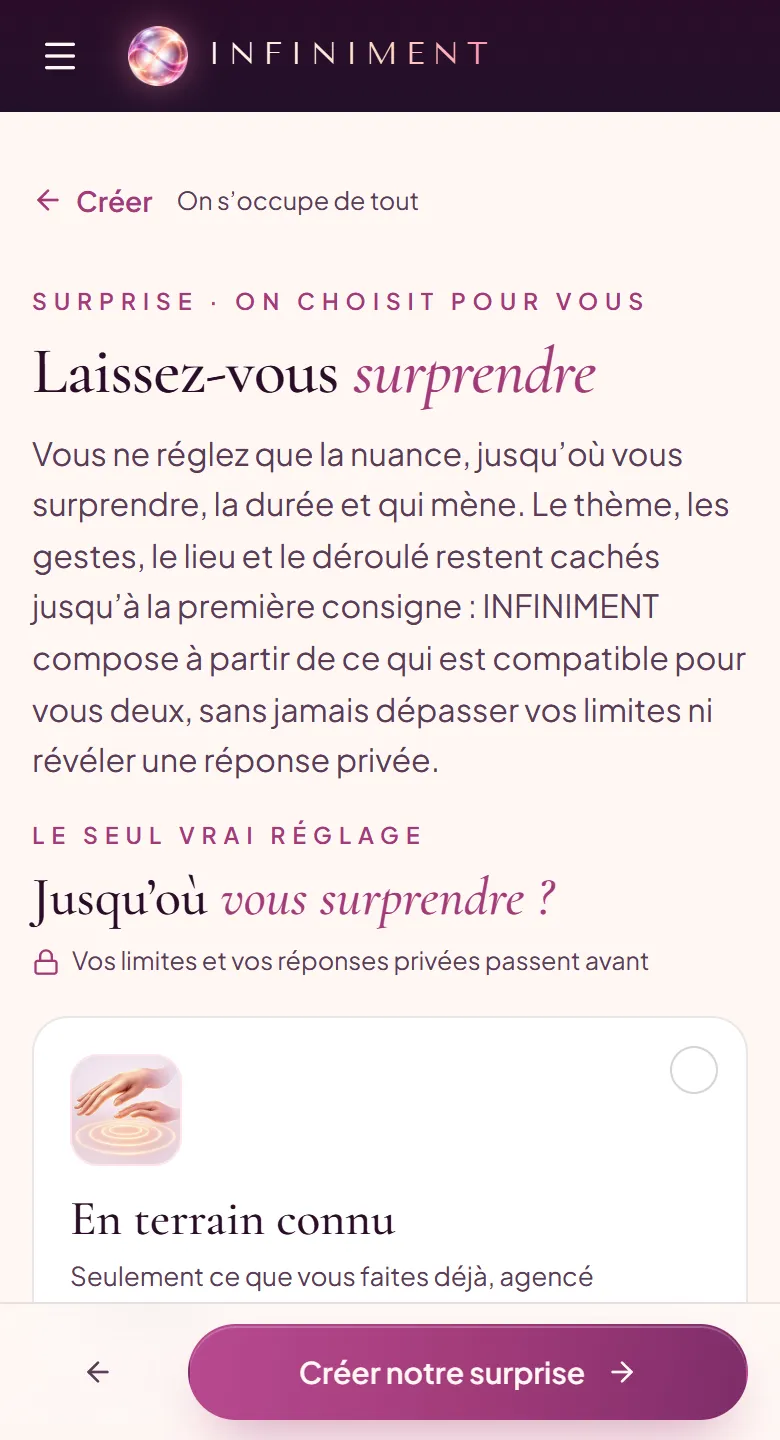 L’écran « Laissez-vous surprendre » : le réglage « Jusqu’où vous surprendre ? » et le bouton « Créer notre surprise ».